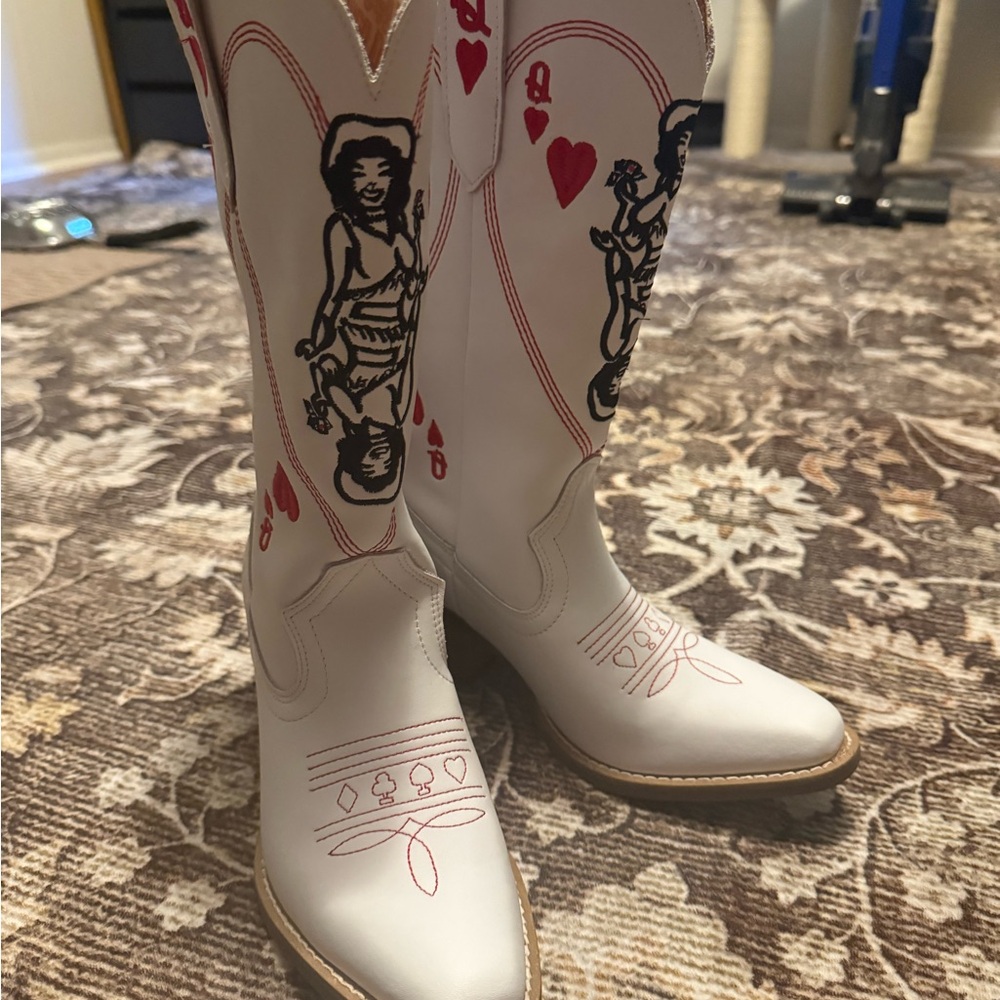 White Cowboy Boots with Playing Card Design